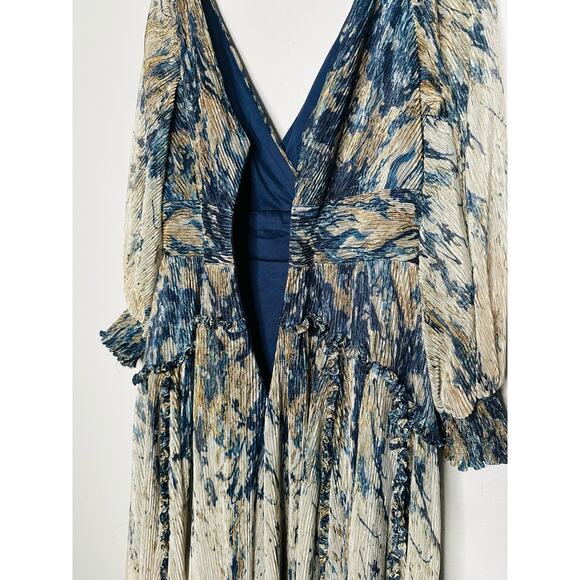 RENE RUIZ COLLECTION Blue Gold Swirled Floral Flowing Tiered Boho Maxi Dress 12 - Picture 16 of 16